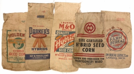 (5) Canvas Advertising Hybrid Seed Corn Sacks.