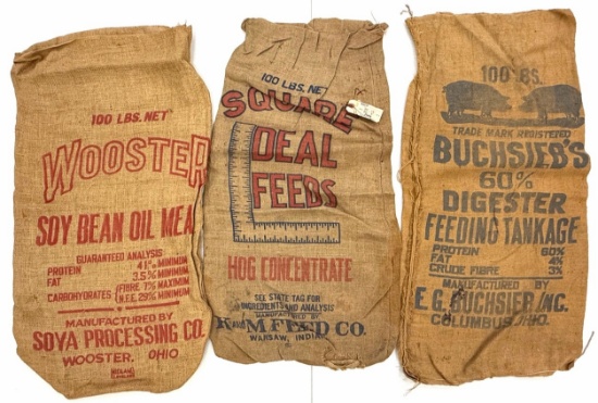 (3) Vintage Burlap Advertising Animal Feed Sacks
