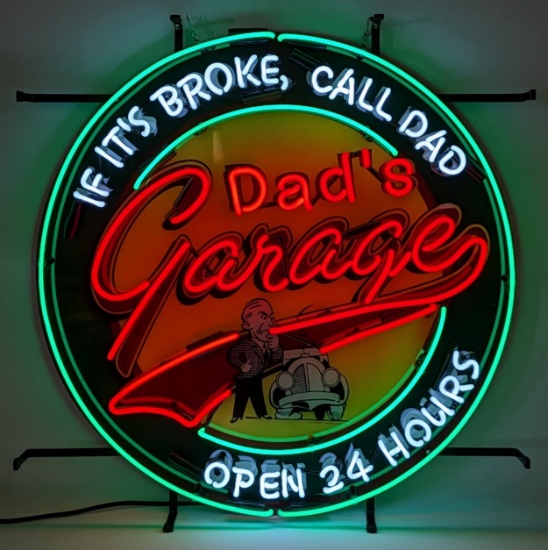 Dad's Garage "If Its Broke Call Dad" Open 24 Hours 3-Color Neon Sign with Backing 23in