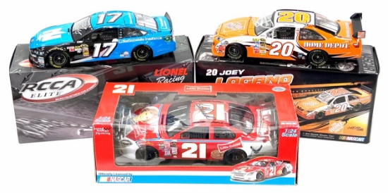 (3) 1:24 Autographed Ricky Stenhouse Jr, Ken Schrader, & Joey Logano Die-Cast Collectables