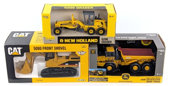 1/50 Ertl CAT 5080 Front Shovel, John Deere Dump Truck, and New Holland Grader