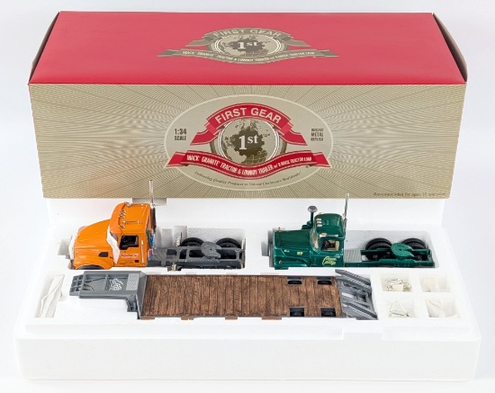 1/34 First Gear Mack Granite Tractor & Lowboy with R-Mack Tractor Load