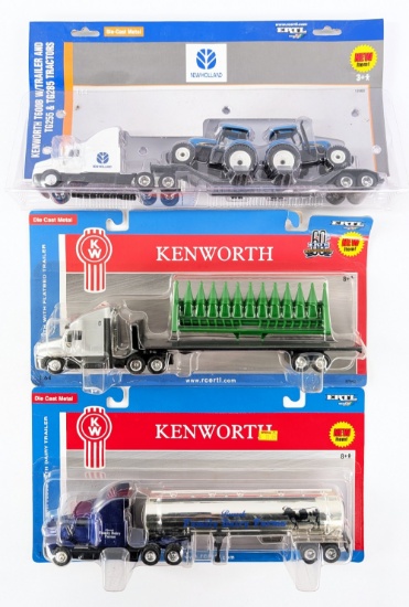 (3) 1/64 Ertl Kenworth Trucks with Corn Head, Dairy Tanker, and Tractor Load