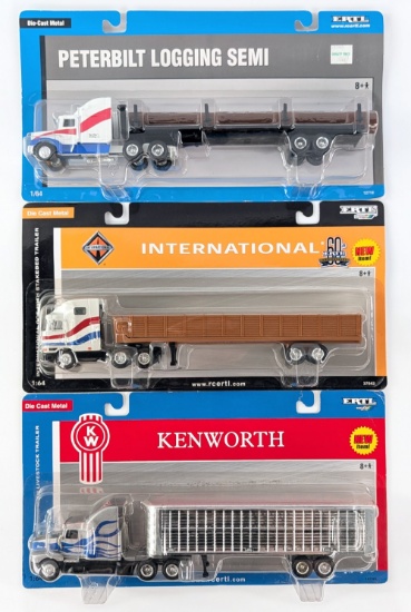 1/64 Ertl Peterbilt Logging Semi, International w/ Stakebed Trailer, and Kenworth w/ Livestock