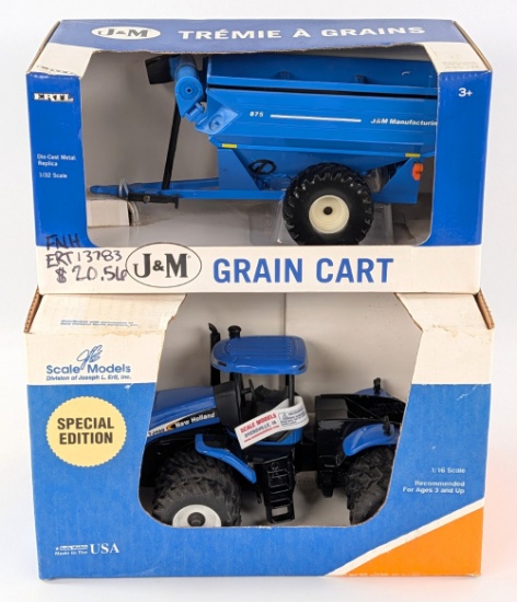 1/32 Scale Models New Holland TJ450 4wd Tractor & Ertl J&M Grain Cart