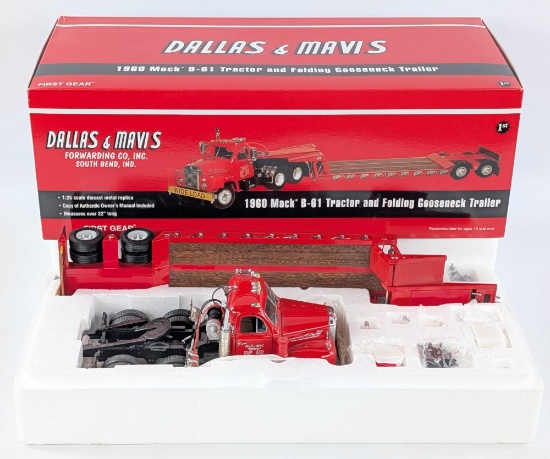 1/25 First Gear 1960 Mack B-61 Tractor and Folding Gooseneck Trailer Dallas & Mavis Ed.