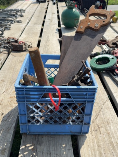 Milk Crate Of Hand Tools Includes Hand Saws, Club Hammer, Wire Brush, & More