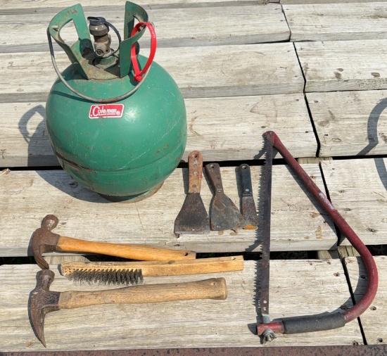 Coleman Spherical Propane Tank, Claw Hammers, Wire Brush, Putty Knives, & Steel Frame Bow Saw