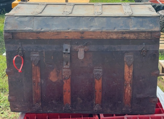 Wood Banded Steamer Trunk With Metal Exterior