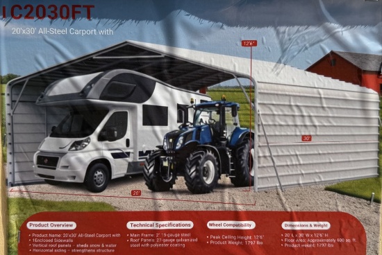 2026 SDLANCH 20' x 30' Steel Carport w/ Enclosed Walls