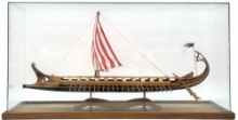 Ancient Greek Bireme Warship Oar Boat Model in Glass Case