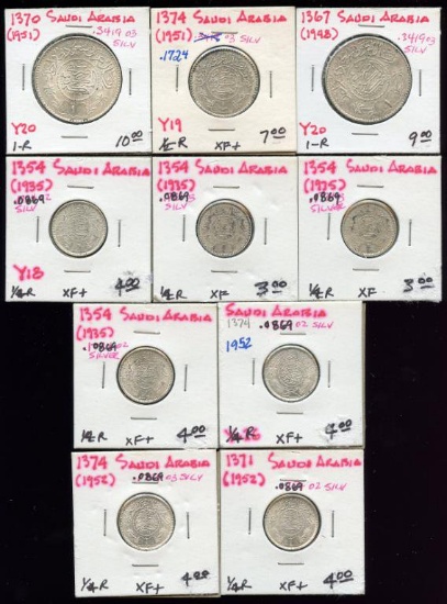 10 Coins, Saudi Arabia 92% Silver 1-1/2-1/4 Riyal