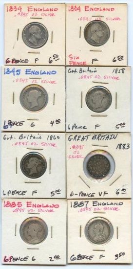 Lot of 8 Great Britain 92.5% Silver 6 Pence coins
