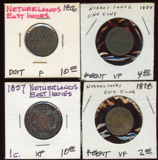 Lot of 4 Netherlands Duit & 1 Cent Coins