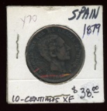 Spain 1879 Bronze 10 Centimos Coin, XF cond