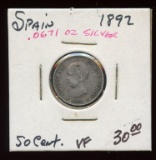 Spain 1892 Silver 50 Centimos, VF, 83%, ASW .0671