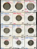 Lot of 12 France Silver 1 & 2 Francs, 50 Centimes