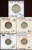 Lot of 5 France Silver 20 & 50 Centimes, 1916-1937