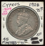1928 Cyprus Silver 45 Piastres 50th Anniversary XF