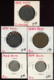Lot of 5 Haiti Cents & Centimes Coins, 1846-1904