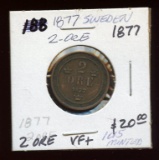 Sweden 1877 Bronze 2 Ore Coin, VF+ cond