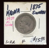 Sweden 1875 Silver 1 Krona 80% ASW .1929