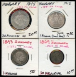 Lot of 4 Hungary Silver Krajczar & Korona Coins