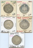 Lot of 5 Canadian 80% Silver Half Dollars 1951-65