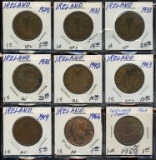 Lot of 9 Ireland Bronze Large Pennies, 1928-1968