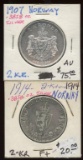 Lot of 2 Norway 2 Kroner 80% Silver, 1907, 1914