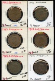 Lot of 6 Australia Large 1/2 Pennies, 1942 & 43 XF