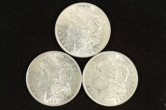 3-1921 MORGAN SILVER DOLLARS AU/UNC