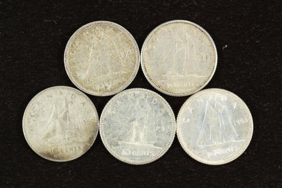 5 ASSORTED CANADIAN SILVER 10 CENTS