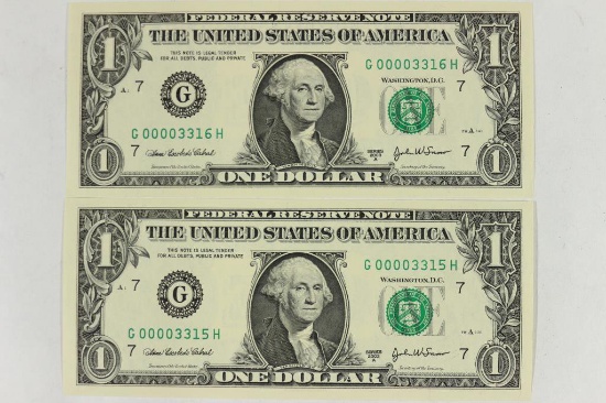 2-2003-A $1 FRN'S LOW CONSECUTIVE SERIAL 'S UNC