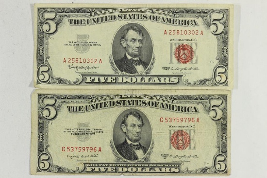 1953-B & 1963 $5 US NOTES RED SEALS