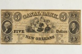 $5 CANAL BANK OF NEW ORLEANS OBSOLETE BANK NOTE