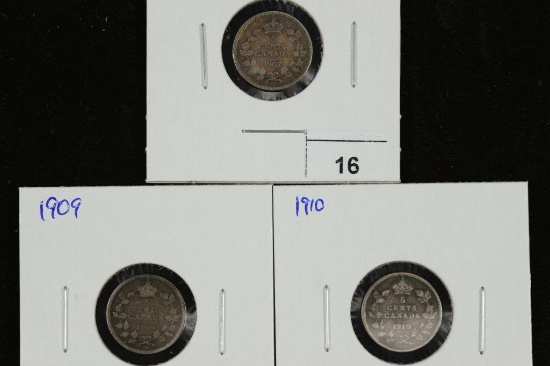 1907, 1909 & 1910 CANADA SILVER 5 CENTS