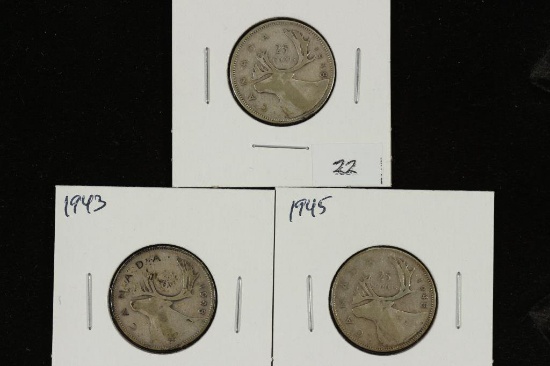 1938,43 & 45 CANADA SILVER 25 CENTS
