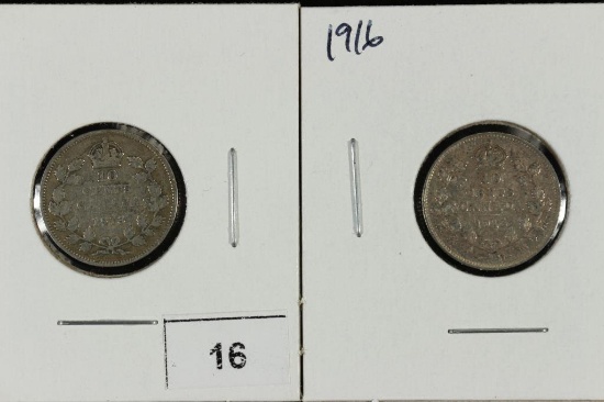 1913 AND 1916 CANADA SILVER 10 CENTS