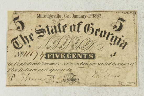 1863 STATE OF GEORGIA 5 CENT OBSOLETE BANK NOTE