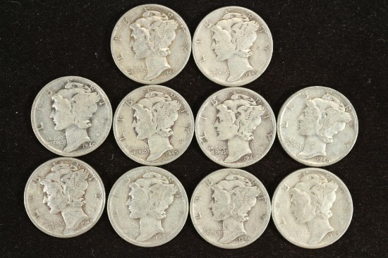 10 ASSORTED 1940'S MERCURY DIME