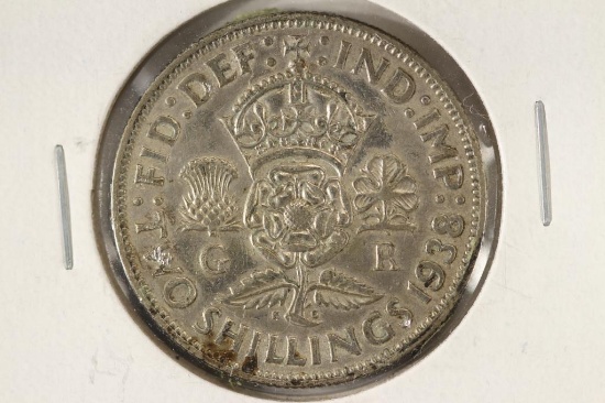 1938 GREAT BRITAIN SILVER 2 SHILLINGS .1818 OZ.ASW