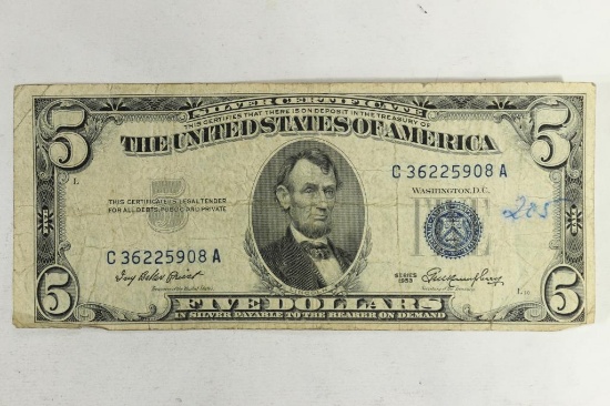 1953 $5 SILVER CERTIFICATE BLUE SEAL