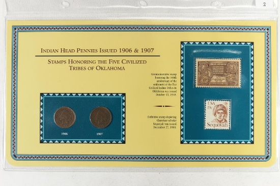 1906 & 1907 INDIAN HEAD CENT & STAMP SET AS SHOWN