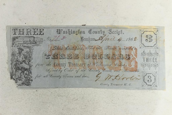 1862 WASHINGTON COUNTY SCRIPT $3 OBSOLETE BANK