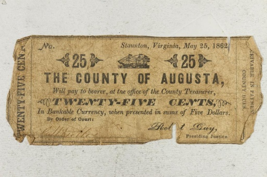 1862 COUNTY OF AUGUSTA, STAUNTON, VIRGINIA 25 CENT
