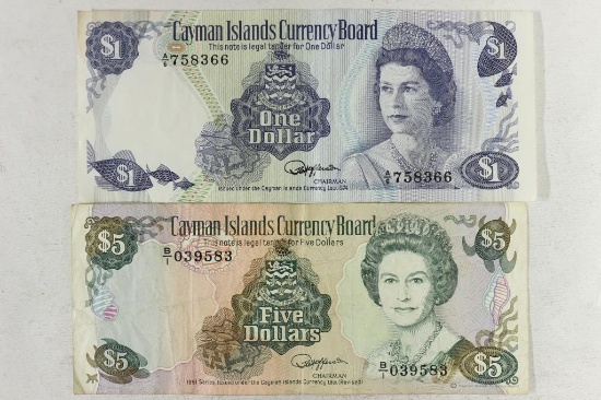 CAYMAN ISLANDS 1974 $1 AND 1991-$5