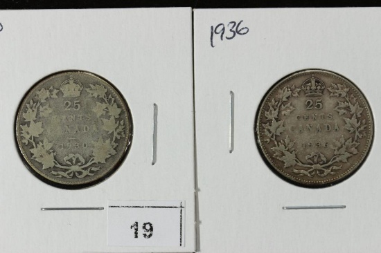 1930 & 1936 CANADA SILVER 25 CENTS