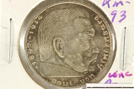 1939-A GERMAN SILVER 2 MARKS WITH SWASTIKA UNC