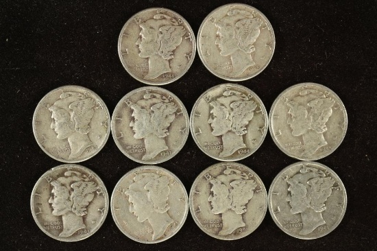 10 ASSORTED 1940'S MERCURY DIMES